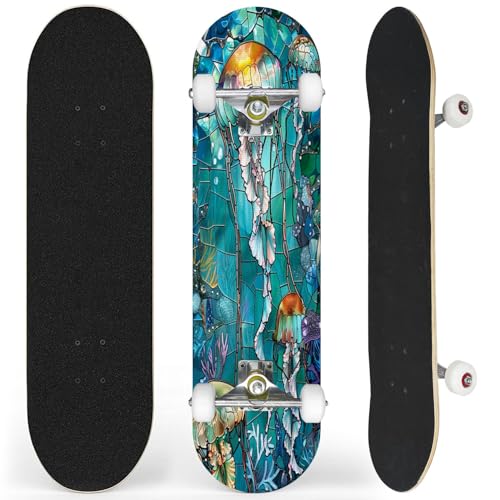 Complete Skateboard with Acrylic Underwater Ballet Art Jellyfish Seahorses Teal Blue Beginner Skateboard 7-Layer Maple Wood Double Kick Concave Skateboards for Kids, Adults, Teens 31