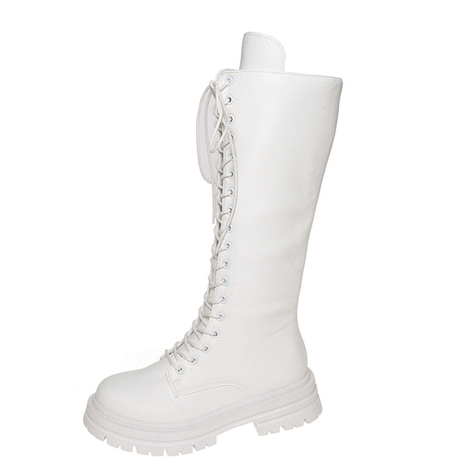 Womens Knee High Boots Goth Platform Punk Combat Boot Lace up Zipper Mid Calf Military Boots Comfy Lining