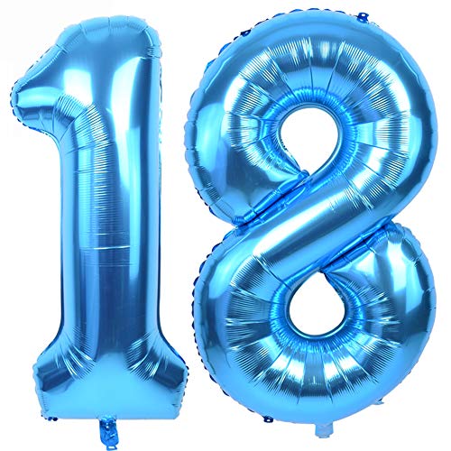 Image of TONIFUL 40 Inch Blue Number 18 Balloon Large Foil 18th Birthday Decorations | Blue 18 Balloon Number 18 for Milestone Eighteen Birthday Party 18th Anniversary, Blue Birthday Decor for Men Women