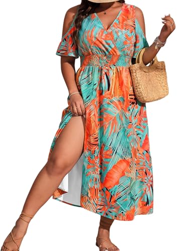 Image of Floerns Women's Plus Size Cold Shoulder Tropical Print V Neck Flared A Line Long Dress