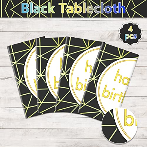 Pixhotul 4 Pcs Black And Gold Birthday Tablecloths - Black Gold Happy Birthday Table Covers, Disposable Rectangle Foil Tablecloth Table Decorations For Boys Girls Men Women 54 X 108 Inches #TOP2