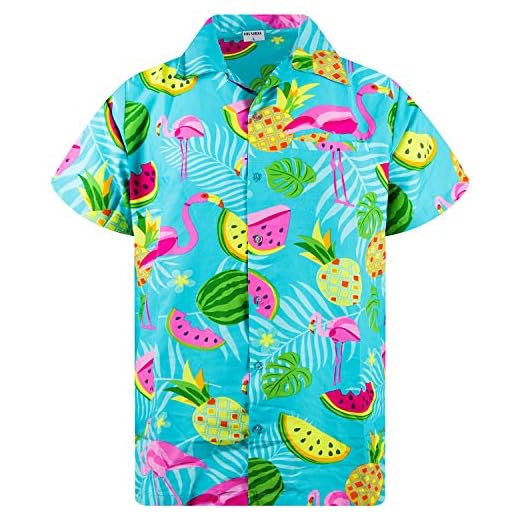 King Kameha Funky Hawaiihemd, Kurzarm, Flamingos Melonen, Türkis, 3XL