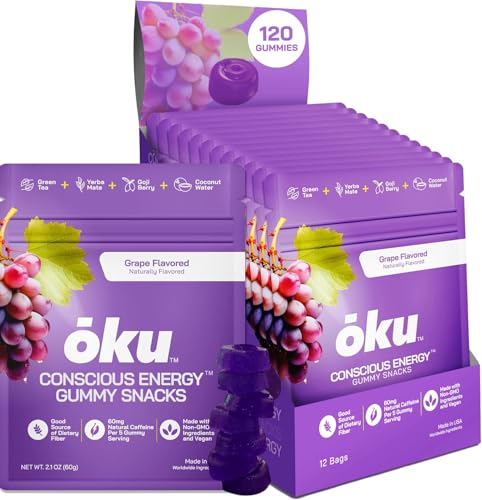 Image of ōku Energy Chews - Energy Gummies w /Natural Caffeine from Green Tea | Yerba Mate, Coconut Water for Hydration, 4g Vegan Fiber Gummy, Non-GMO | Running, Cycling, On-the-Go Snacks, Grape (12-Pack)