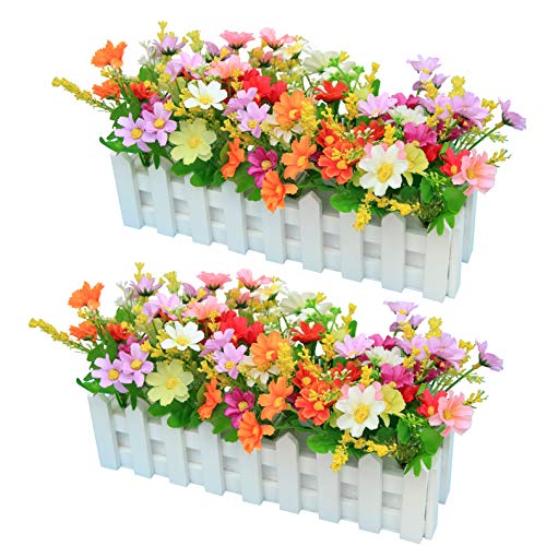 Flikool 2pcs Margarita Artificiales con Cerca de Madera Falsas Gerbera Flores Artificiales de Seda Crisantemo Bonsai con Jarrón Plantas Artificiales en Maceta para Balcón Interior Decoración - Mix Cover