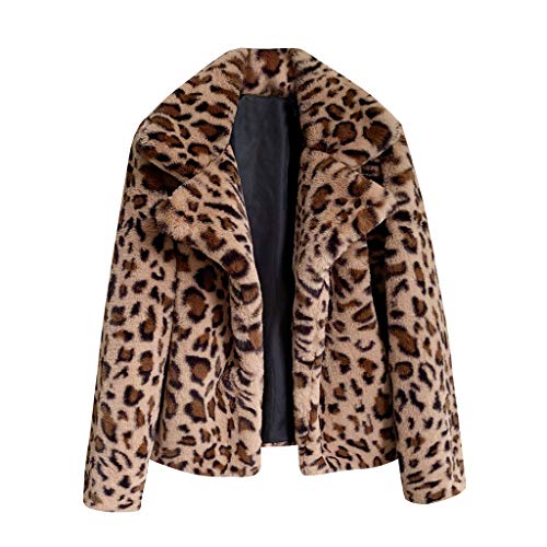 Fanteecy Fuzzy Cardigan Women Warm Long Sleeve Parka Faux Fur Coat Overcoat Fluffy Top Jacket Leopard Brown