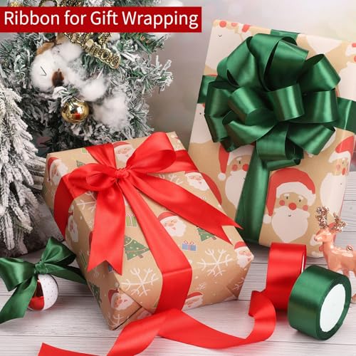 Image of woric Christmas Ribbon 1 1 /2 Inch 2 Rolls 60 Yards Green Red Polyester Satin Ribbon Holiday Ribbons for Gift Wrapping Crafts Wreath Christmas