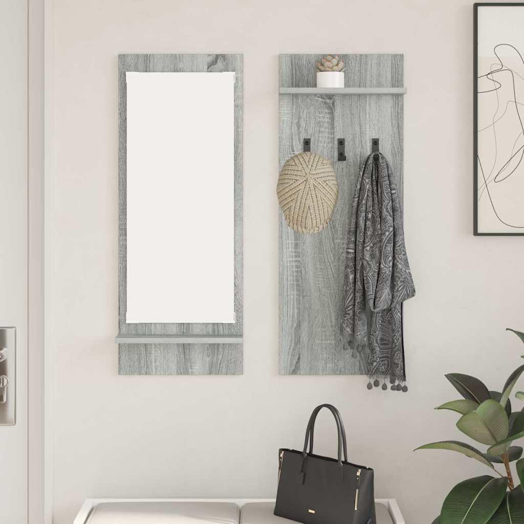 Porte-Manteau Mural avec Miroir et 2 Étagères en Bois d'Ingénierie, Vestiaire d'Entrée Design Moderne pour Couloir et Salon, Gris Sonoma, 70 x 10 x 90 cm