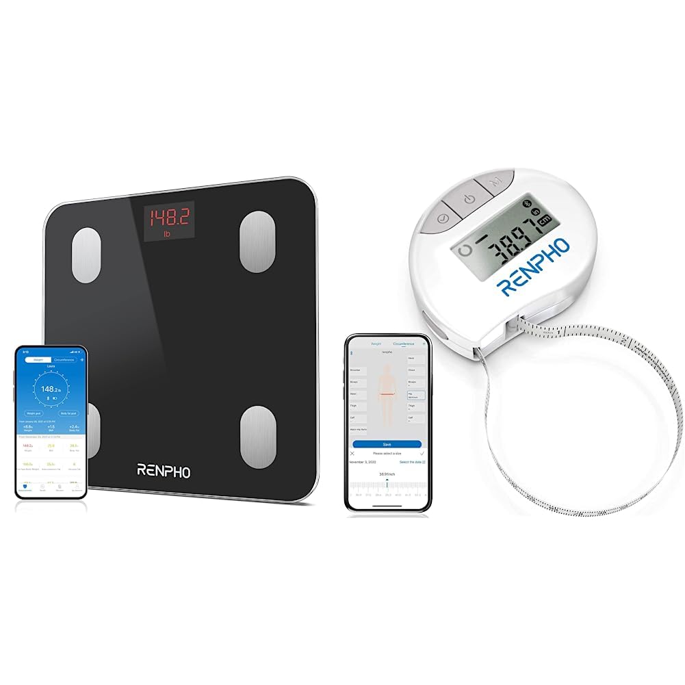 RENPHO Balance Pèse Personne de Haute Précision, Balance Connecté Bluetooth Pese Personnes Impédancemètre, 13 Analyses de la Composition Corporelle & Mètre Ruban Rétractable et Connecté