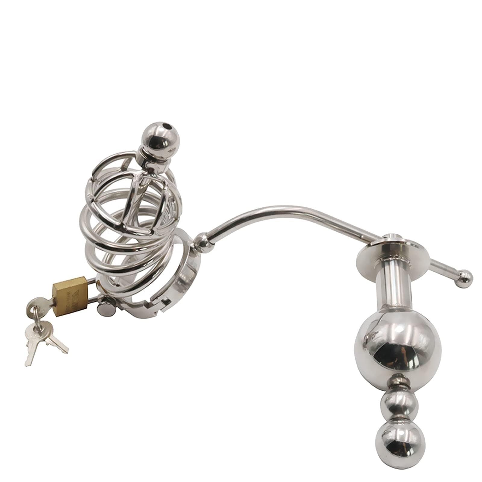 Gabbia per pene Cintura di castità con catetere e plug anale Sfere anali Castità in metallo Gabbia di castità Butt Plug Gabbia per cazzi con plug per pene Gancio anale Masturbazione(Ø50.8mm)
