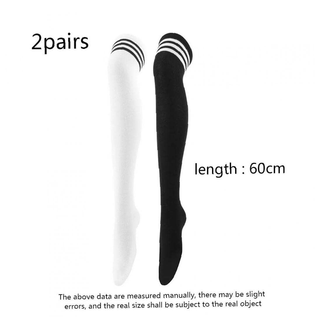 2 Paar Kniestrümpfe Gestreift – Schwarz-weiß, Einheitsgröße, Aus Polyester-Baumwolle, Für Mädchen & Frauen