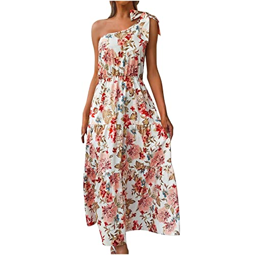 Women s One Shoulder Maxi Dress Elegant Tie-up Strap Elastic Waist A-line Dress Summer Floral Printed Ruffle Dress