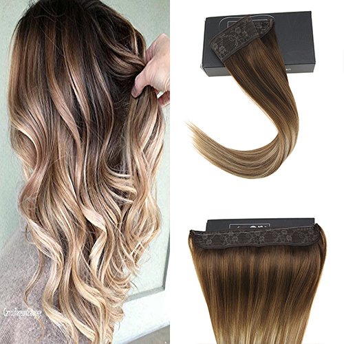 Sunny 20" Invisible Hair Extensions No Gule Human Hair Ombre Dark Brown Fading to Medium Browm with Blonde Flip Fish Line Human Hair Extension 100g