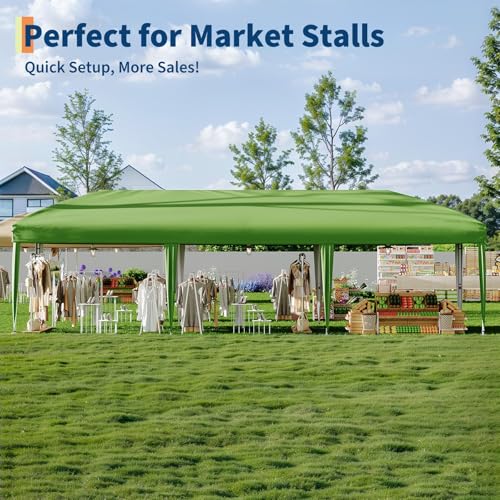 10x30 Pop-Up Awning with 8 Sidewalls - Heavy Duty Outdoor Awning Tent with Portable Rolling Bag - 3 Adjustable Height, 8 Weight Bags, 8 Stakes and 6 Drawstrings, Green