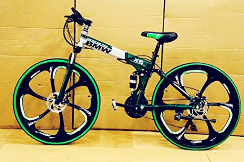 Image of Sunspeed 26 Inch Folding Mountain Bike Green White for Men & Women | 21 Speed Gear Cycle | Dual Disc Brakes | Front & Rear Suspension | Magnesium Alloy Wheels | Foldable Bicycle for Adults