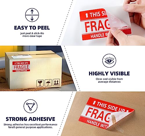 Image of 3 x 5 Inch Handle with Care This Side Up 500 Permanent Adhesive Fragile Stickers for Shipping Moving Glass Labels (1 Roll, 500 Labels)
