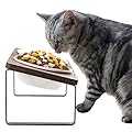 Cat Food Bowl Anti Vomiting, Ceramic Cat Bowls With Stand Tilted, Raised Cat Bowl for Food and Water, Tilted Cat Bowl, Bamboo Cat Feeding Station, Elevated Cat Bowl with 14 cm Diameter (Walnut color)