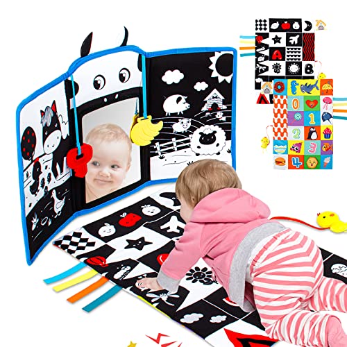 Image of Teytoy Tummy Time Mirror & Mat - Newborn Toys (0-3 Months), Black & White High Contrast Pattern, Baby Teether & Sensory Development Toys
