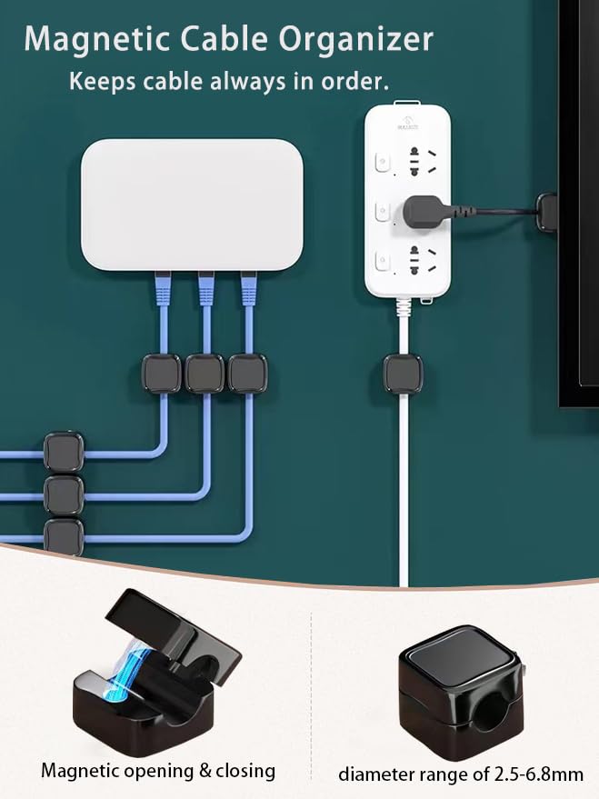 Set de gestión de cables bajo escritorio: 6 clips magnéticos adhesivos para cables y 6 ataduras de silicona para cables, organizador para cables de carga para hogar, oficina, auto y escritorio miniatura 5