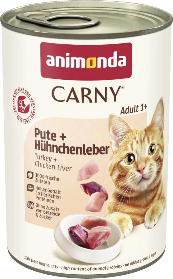 animonda Carny Katzen Nassfutter Pute + Hühnchenleber (6 x 400g), getreidefreies Katzen Nassfutter ohne Zucker, mit frischen fleischigen Zutaten