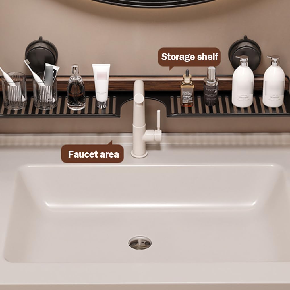 Estante con ventosa de nogal para baño, organizador de almacenamiento montado en la pared, ideal para fregadero y lavabo, organizador de baño de 50 cm, duradero y elegante soporte para grifo de agua