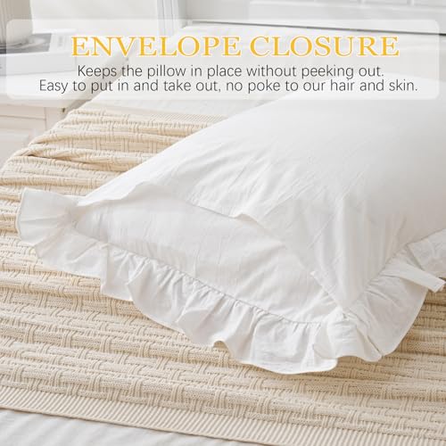 Shabby Off White Ruffle Pillow Shams Standard Size Set of 2, Washed Cotton Farmhouse Pillowcases Pillow Cover 26"x20" White