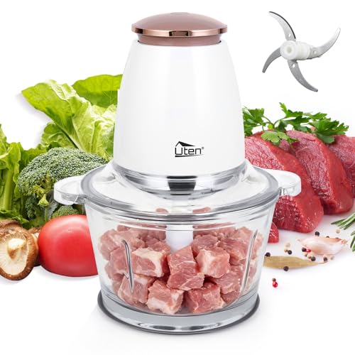 Zerkleinerer Elektrisch, Uten 400W Gemüseschneider Zwiebelschneider 1.5L Glasbehälter Spritzfest Fleischwolf mit 4-flügeliges Messer für Fleisch, Smoothie,Zwiebeln, Obst, Gemüse
