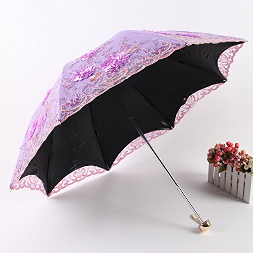 Honeystore Vintage Lace UV Sun Parasol Folding 3D Flower Embroidery Umbrella H1620 Purple - Thumbnail 5
