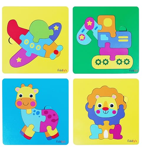Image of Fiddlys 3D Cute Cartoon Wooden Jigsaw Puzzles for Kids & Children Double Layered Wooden Puzzles with Bright Front & Back Print (Pack of 4 Baby Transport + Animal)