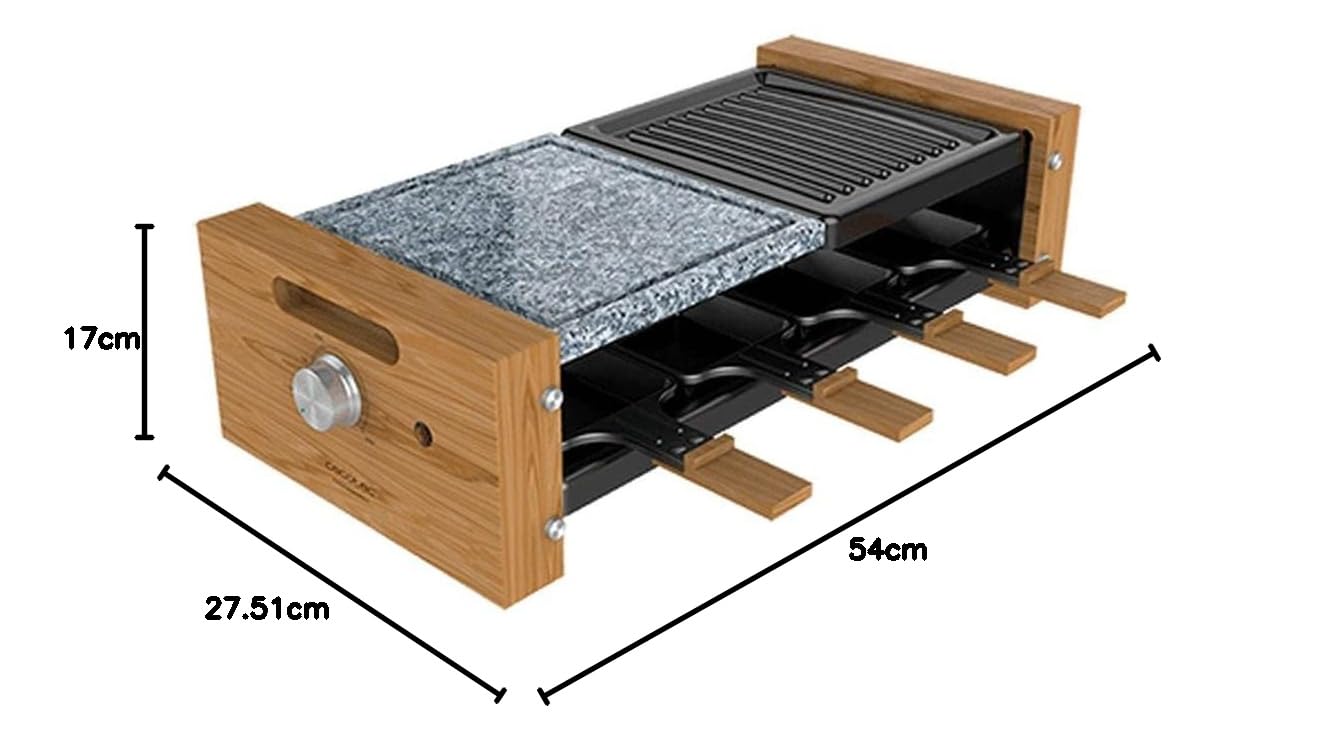 Cecotec Raclette Cheese&Grill 8400 Wood MixGrill. Potencia 1200 W, Superficie mixta Grill y Plancha, Termostato regulable, 8 Sartenes individuales, Diseño extraíble