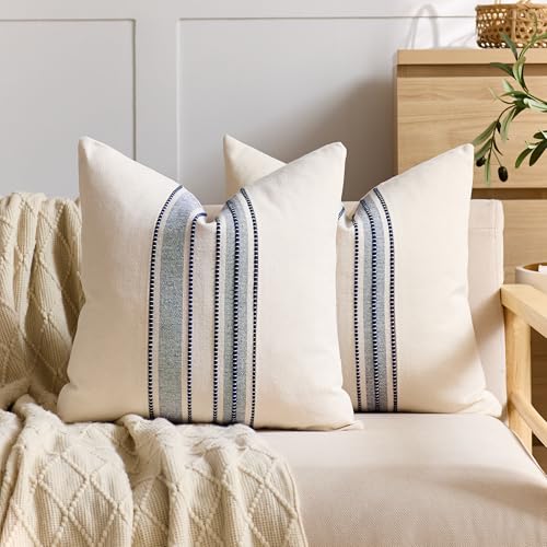 Boho Throw Pillow Covers 18x18 Set of 2, Textured Linen Decorative Cushion Covers, Neutral Navy Blue Striped Pillowcases for Couch, Sofa, Bed Farmhouse & Modern Living Room Decor