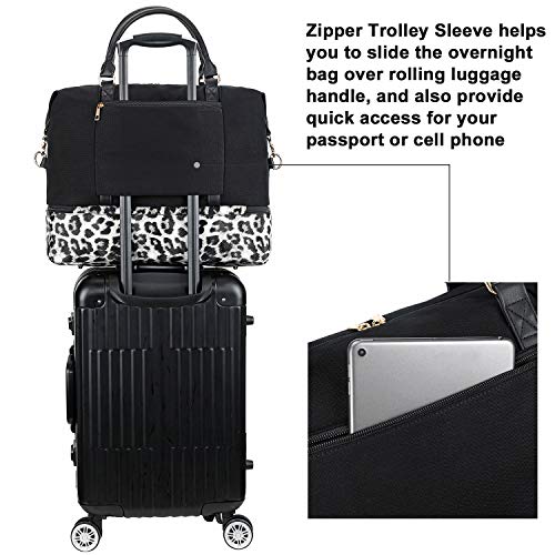 CAMTOP Women Ladies Weekender Travel Bag Canvas Overnight Carry-on Duffel Tote Luggage (289 White Leopard with Shoe Compartment)