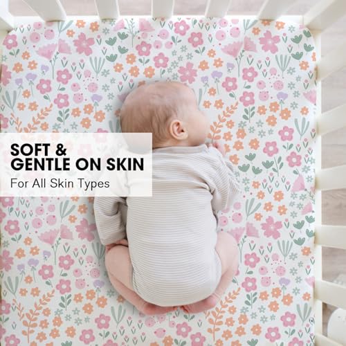 Image of Little Grape Land Crib Sheets 2 Pack, Microfiber Fitted Crib Sheet for Standard Crib Mattress 52 inchx28 inchx8 inch, Soft and Neutral Baby Crib Sheets for Boys and Girls, Breathable & Easy Care, Pink Petal