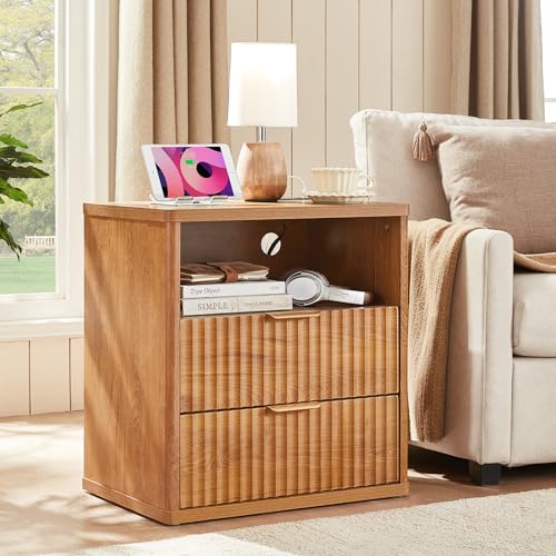 Image of LEYAOYAO Fluted Nightstand with Charging Station, 23 inch Modern Night Stand with Woodgrain Top, 2 Drawers End Table w /Storage, Bedside Tables for Bedroom, Living Room, Curved Profile Design,Brown