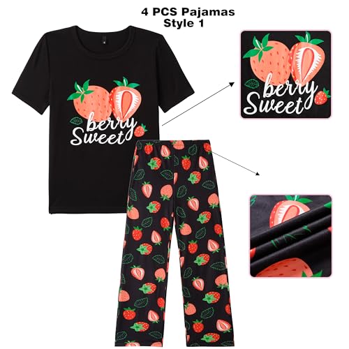 Vopmocld Big Girls' Short Sleeve Long Pants Pajama Sets 4PCS Cartoon Patterns Strawberry Cute Cherry Sleepwear Nighty Lounge2