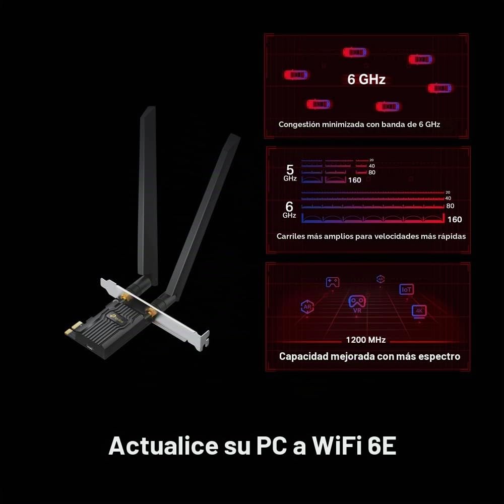 TP-Link Archer TXE72E AX5400Mbps Tri-Band WiFi 6E Bluetooth 5.3 PCIe Adaptador con Dos Antenas, Adaptador WiFi de latencia Ultra Baja para PC, Ideal para AR/VR, transmisión 8K, Compatible con Windows