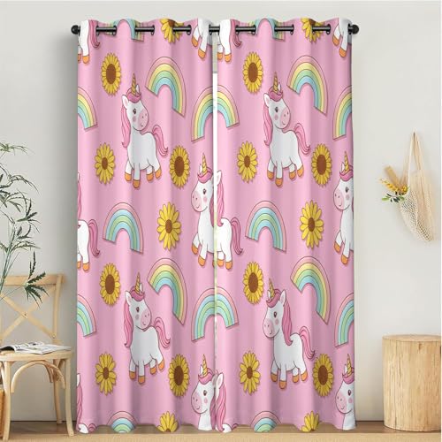 Rideaux Occultant pour Chambre Rideau Opaque à OeilletsCheval Blanc Arc Ciel Isolation Thermique Rideaux de fenêtre Cœur D'Une Fil Rêveuse Décoration de...