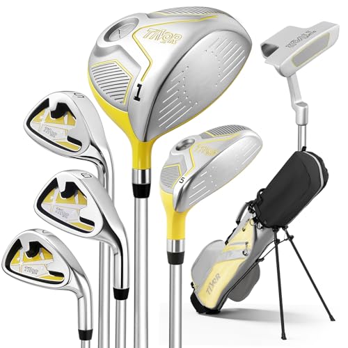 Kids Golf Clubs Set for Ages 9-12 Right Handed Youth Golf Clubs 9 Piece Set with 400cc Driver Hybrid 7 Iron 9 Iron Wedge Putter Stand Bag & 2 Headcovers Junior Golf Clubs Yellow