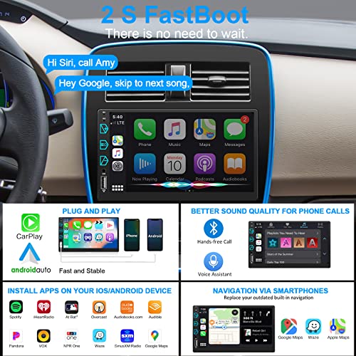 Double Din Car Stereo Voice Control For Apple Carplay And Android Auto, 7 Inch Touch Screen Car Radio With Bluetooth, Aftermarket Mp5 Player Mirror Link, Backup Camera, Am/Fm Audio Receiver, Subwoofer #TOP1