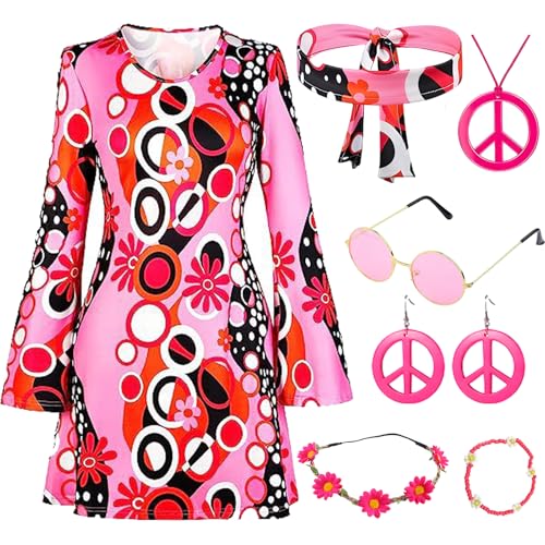 Antsparty 5 Stück Hippie Kostüm für Damen, 60er 70er Bekleidung, Hippie Kleid für Frauen Mädchen, Disco Kleider, Retro Disco Outfit Faschingskostüm für Karneval Party
