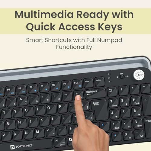 Image of Portronics Bubble 4.0 Wireless Keyboard with Bluetooth + 2.4 GHz USB Receiver, Rechargeable Battery, Volume Control Knob, Multimedia Hotkeys with Numpad, for Laptop, PC, Smartphone, Tablet(Black)