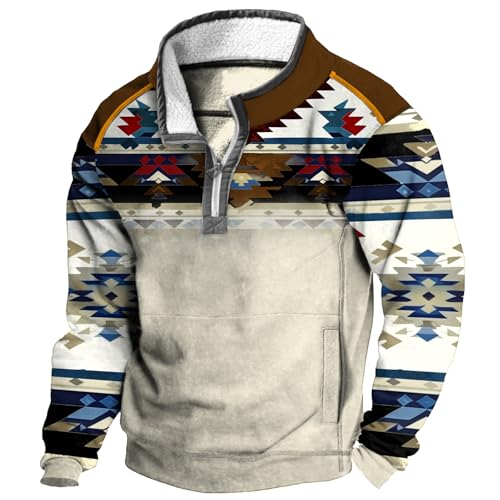 Western Hoodie for Men Aztec Cowboy Quarter Zip Pullover Sweatshirt Ethnic Vintage Long Sleeve Graphic Shirts