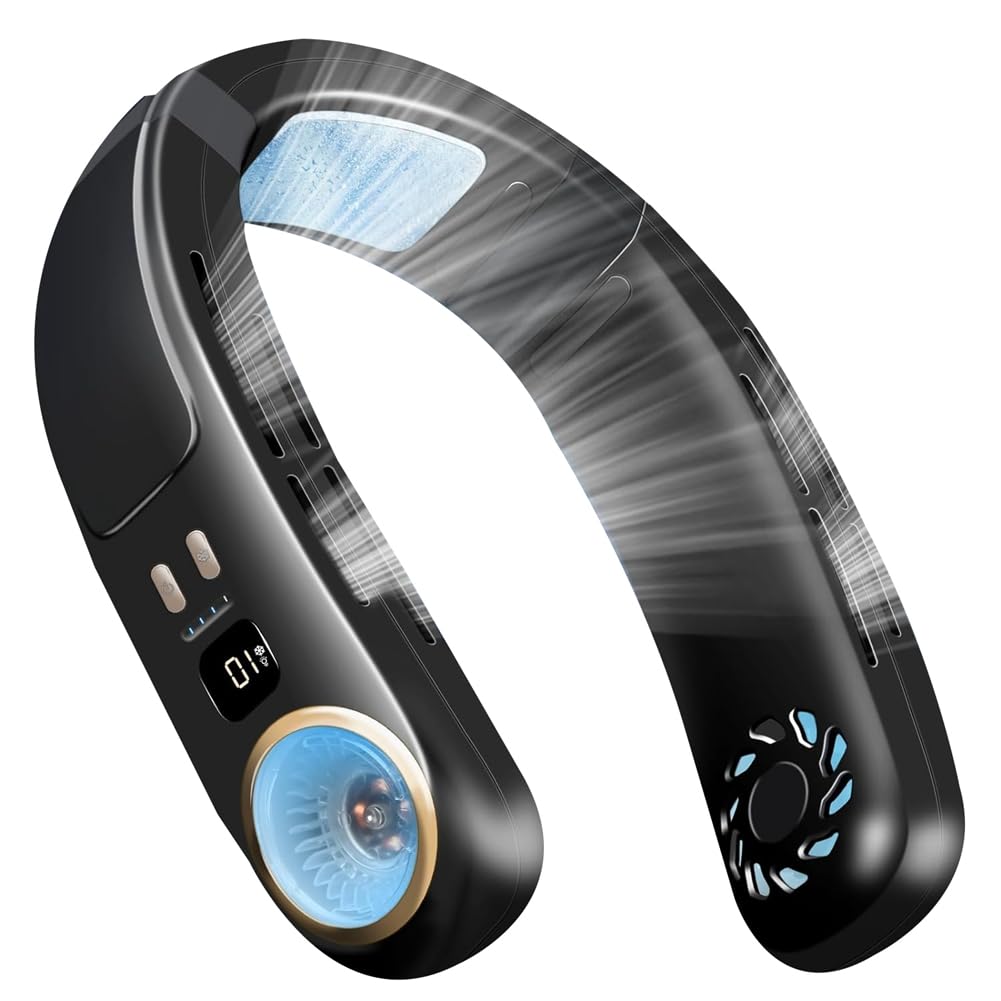 Janzu Black Neck Air Conditioner Portable Neck Fan Rechargeable Bladeless Neck Fans That Blow Cold Air Personal Cooler