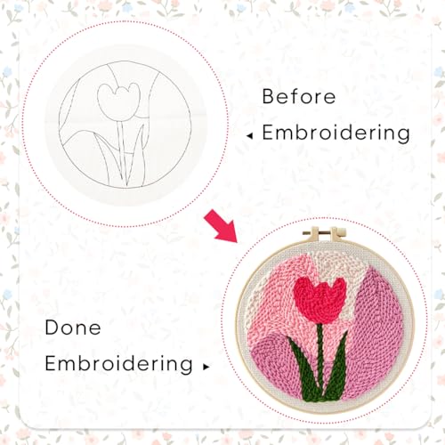 Image of PATPAT 20x20CM DIY Tufting Art Craft Kits Cute Pink Tulip Punch Needle Kit Embroidery Kit for Beginners DIY Hoop Embroidery Kit with Punch Needles, Hoop, Handmade Art Kits Gift for Kids Adults