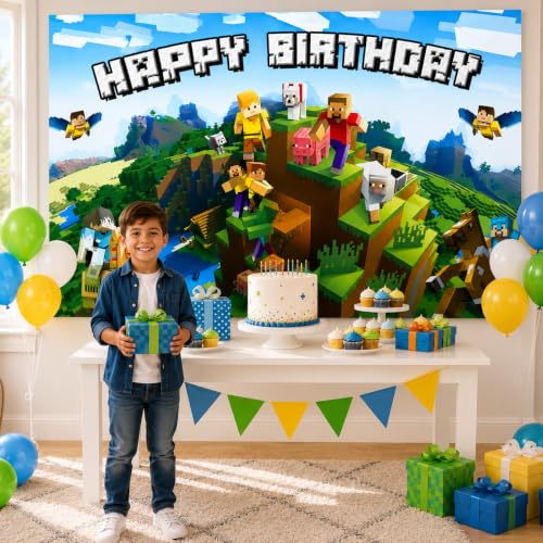 Image of Happy Birthday Banner Boy 5x3ft Birthday Sign Village Gaming Birthday Party Decorations Videogame Themed Banner Video Game Decorations Video Game Happy Birthday Backdrop for Boys