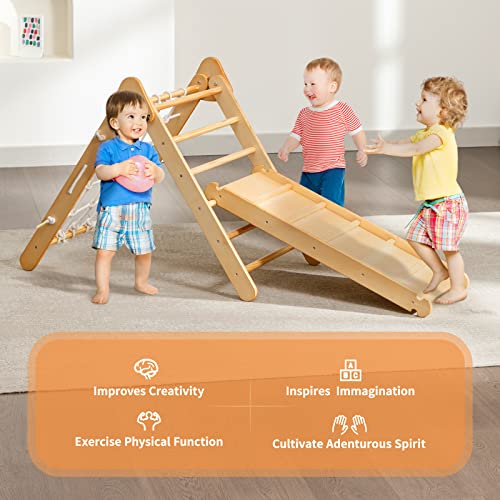 Mooitz Pikler Triangle Climber,Climbing Toys For Toddlers 1-3,Foldable Montessori Climbing Set With Ramp, Slide & Arch,Wooden Climbing Set For Toddler Climbers Suitable For Outdoor & Indoor (Wood) #TOP4