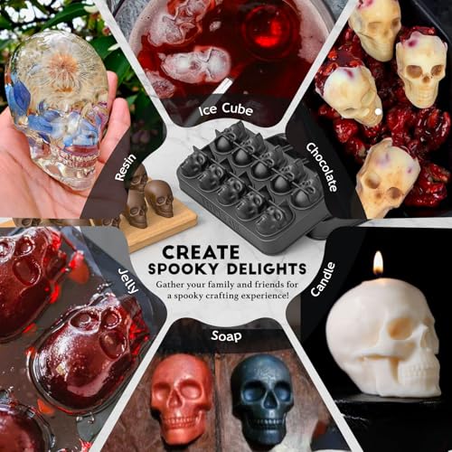 Image of LUSHYUM Ice Cube Mold Tray 3D Skull Mold, 2Pack BPA-Free Skeleton Head Maker Mold, Flexible & Easy Release Skull Molds for Baking Whiskey Cocktail Chocolate Resin, Ideal Gift for Halloween Party