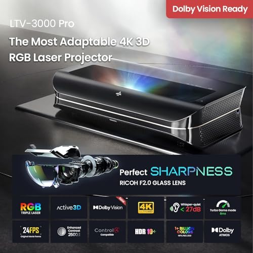 Image of AWOL Vision LTV-3000 Pro Living Room Bundle, 4K UHD Dolby Vision & 3D, 120 inch ALR Screen (D120), 4.1.2 Soundbar with Floor Speaker Stand, 4 Pairs of 3D glasses