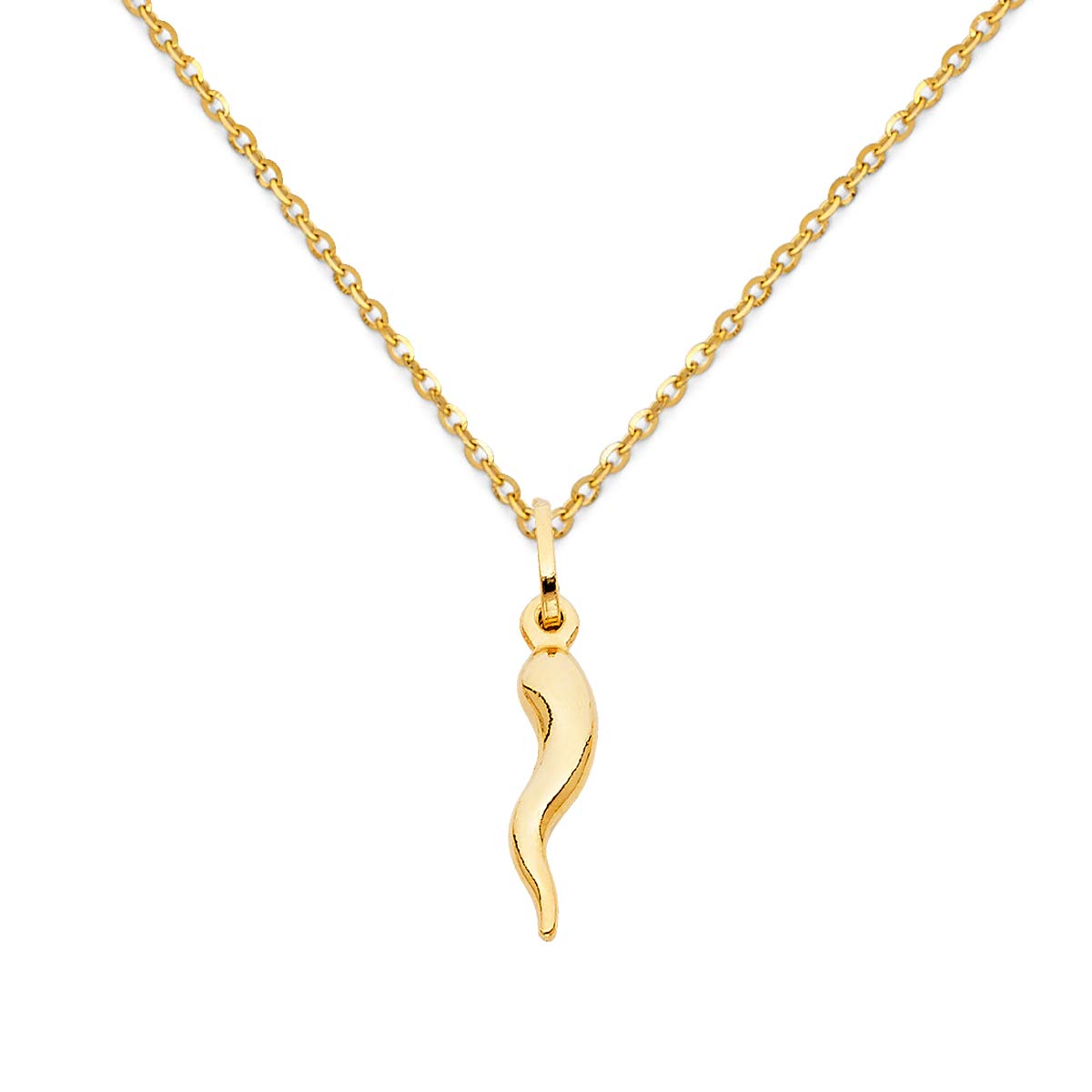 TGDJ 14k Yellow Gold Cornicello Italian Horn Pendant - Elegant Chain Necklace - Featured with Cable Chain Suitable for All Pendants for Men & Women