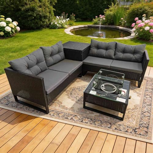 BIRCHTREE Rattan Furniture Set 4-Seater Corner Sofa Set with Fire Pit Table & Side Storage Box, Weather-Resistant Outdoor Patio Garden with Cushions,Black 6 BIRCHTREE Rattan Furniture Set 4-Seater Corner Sofa Set with Fire Pit Table & Side Storage Box, Weather-Resistant Outdoor Patio Garden with Cushions,Black - Image 6