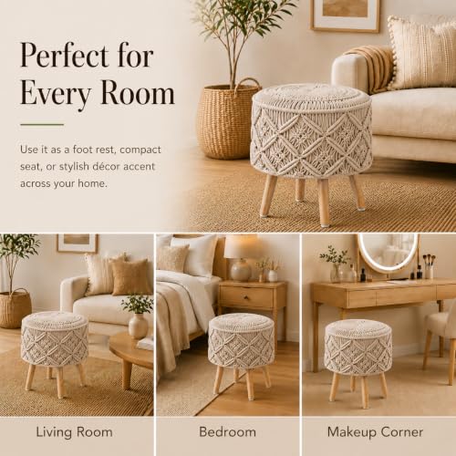 Image of Macrame Ottoman for Living Room | Handcrafted Woven Foot Rest Stool with Solid Wooden Legs | Pouffe for Sitting, Foot Stool for Bedroom & Home Decor | 16x16x18 Inch (Beige)
